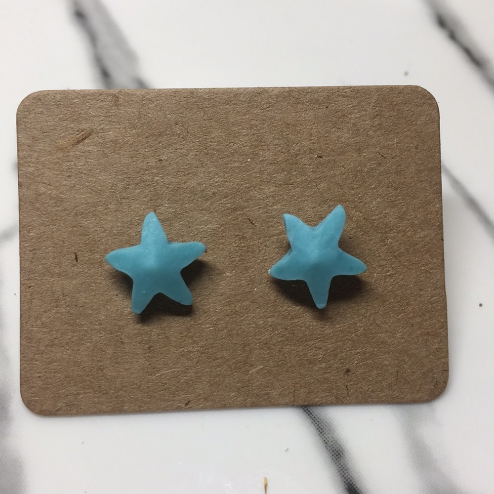 Handmade Polymer Clay Earrings - Aqua SeaStar Stud